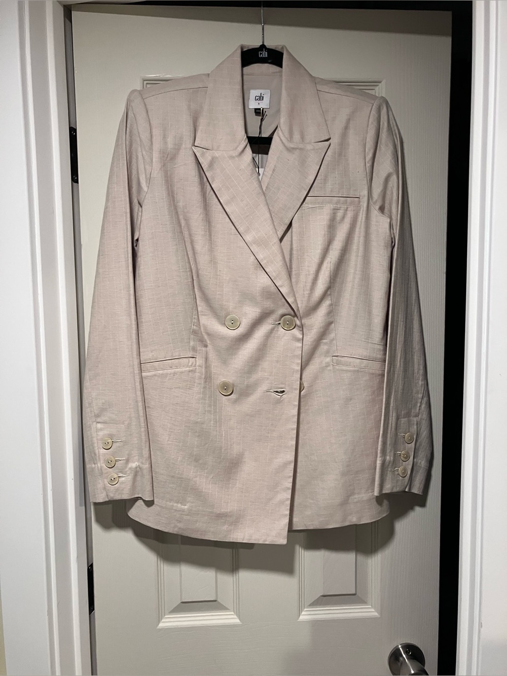 CABI Pembroke Double-Breasted Pinstripe Cream Women's Blazer